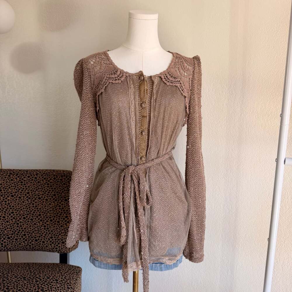 Ryu Cardigan Size M Brown Lace Long Sleeve Shrug Belted Top